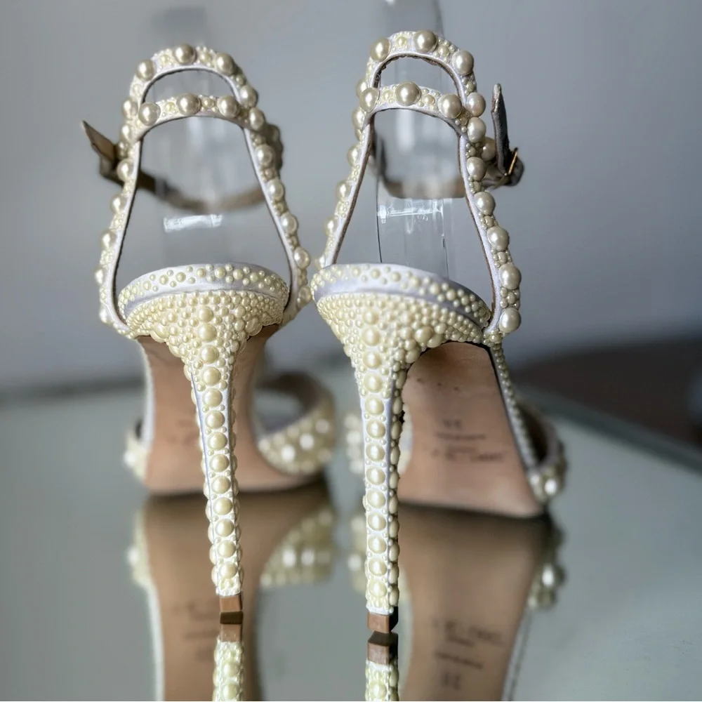 Like New Jimmy Choo Sacora 100 White Satin Sandals with All Over Pearls 38 - Picture 9 of 16